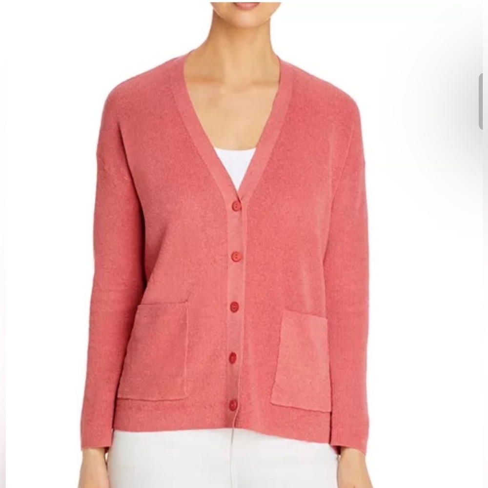 Eileen Fisher Linen Blend Organic Long Sleeve Coral Medium Cardigan